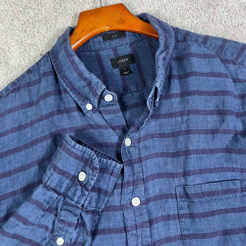 J.Crew Button Down Shirt Mens Large Blue Striped Slim Fit 100% Linen Long Sleeve